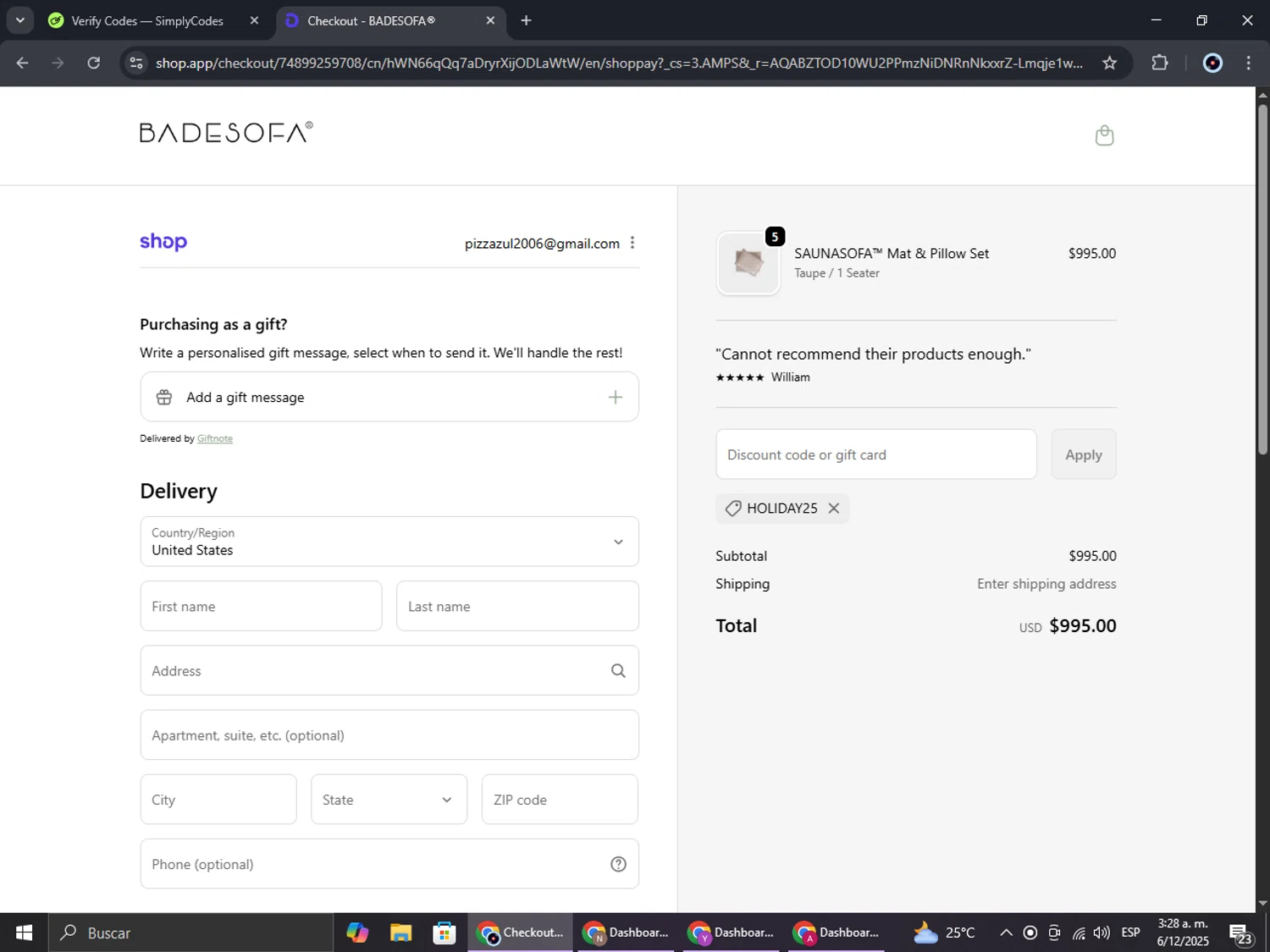 BADESOFA discount code screenshot showing code HOLIDAY25 applied at BADESOFA checkout page. Uploaded by SimplyCodes community member RoyalBoss4384 on Dec 6, 2025