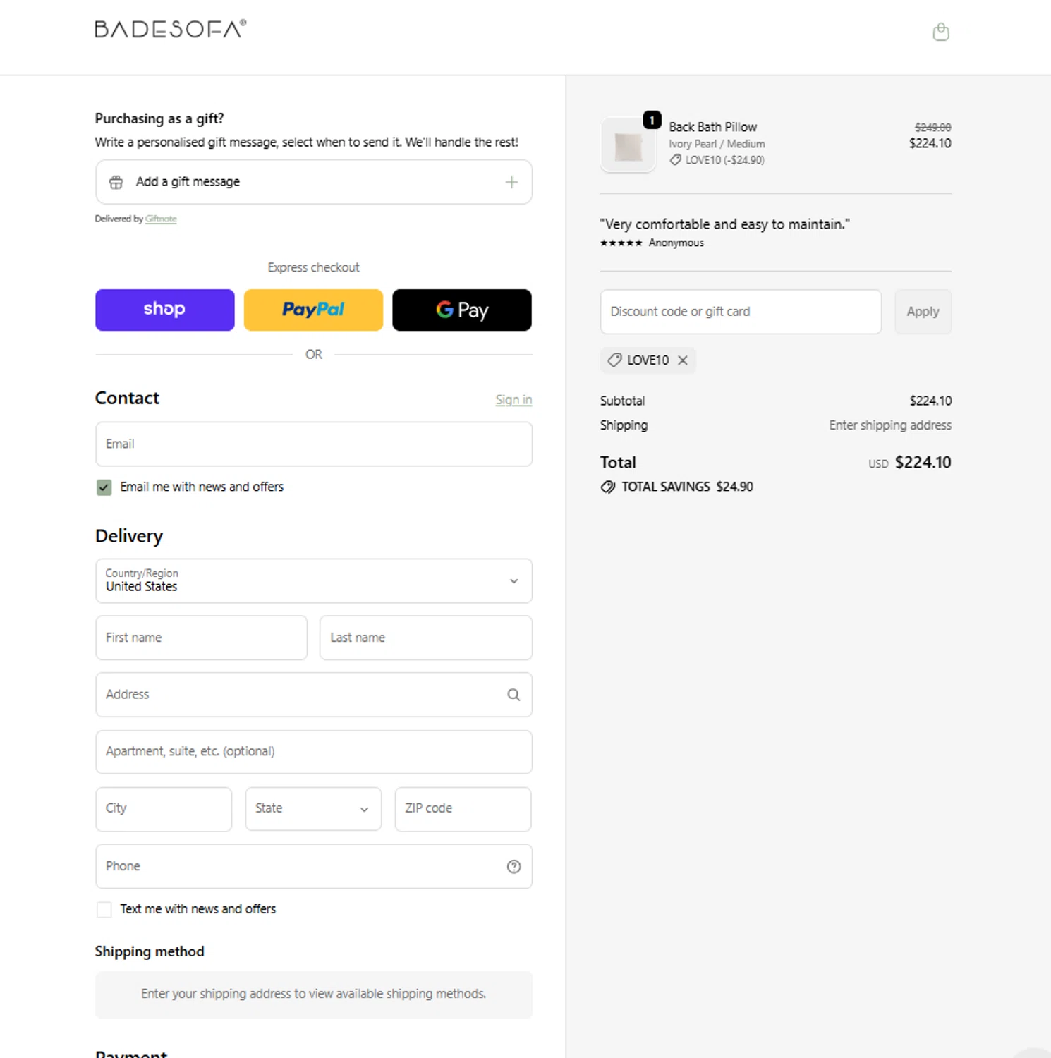 BADESOFA discount code screenshot showing code love10 applied at BADESOFA checkout page. Uploaded by SimplyCodes community member reggiesmith on Jan 20, 2026