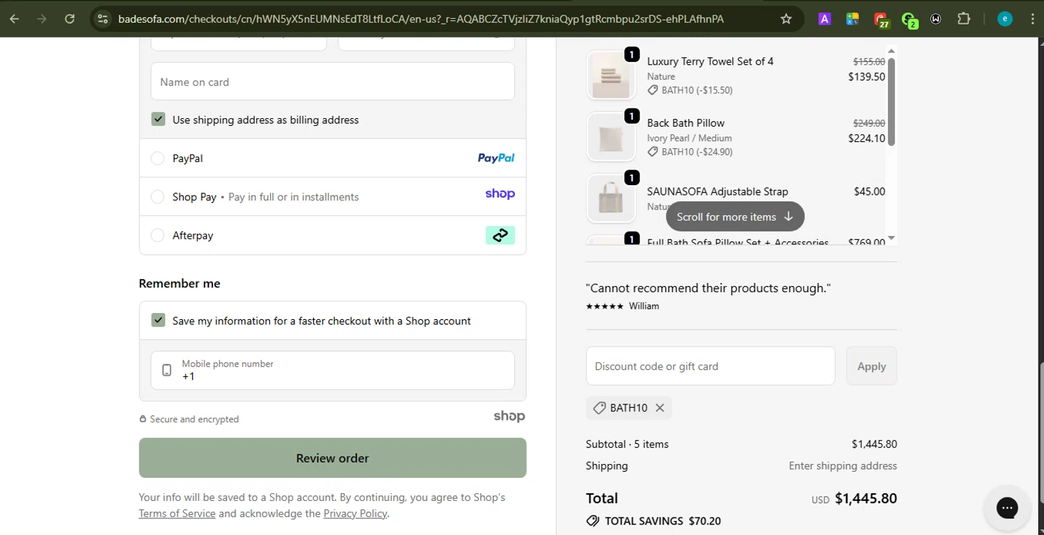 BADESOFA discount code screenshot showing code BATH10 applied at BADESOFA checkout page. Uploaded by SimplyCodes community member LOVECOUPON on Dec 2, 2025
