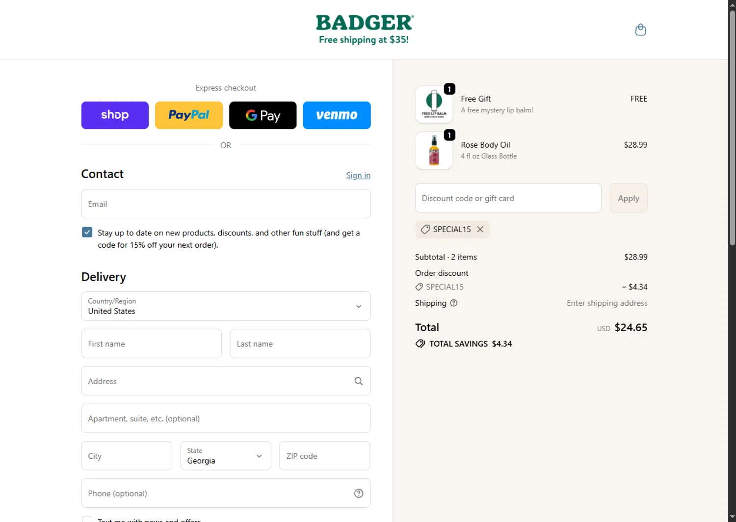 Badger Balm discount code screenshot showing code SPECIAL15 applied at Badger Balm checkout page. Uploaded by SimplyCodes community member SwiftTracker8156 on Oct 2, 2025
