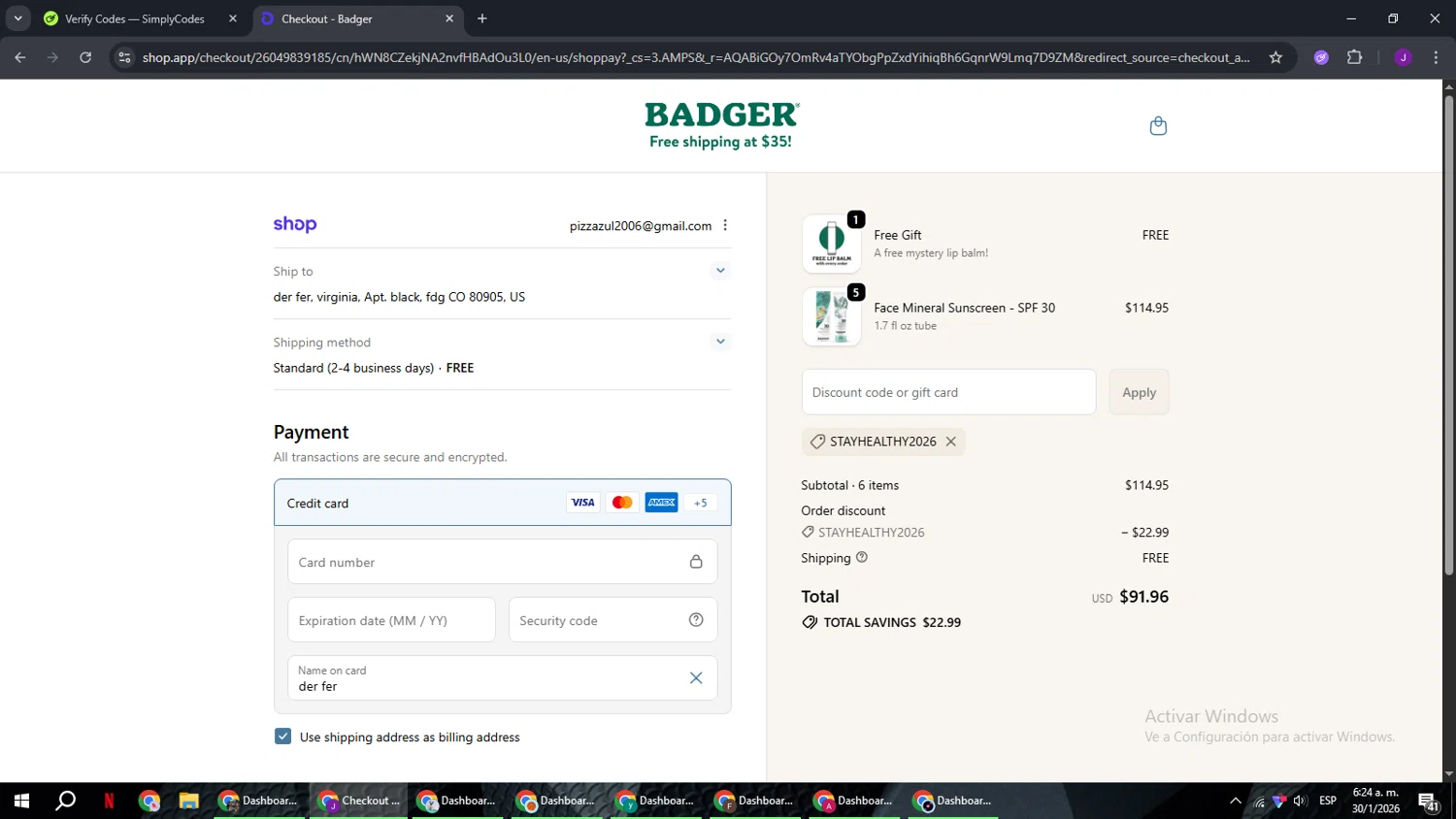 Badger Balm checkout page showing Badger Balm discount code box | Screenshot taken by SimplyCodes community member on Jan 30, 2026
