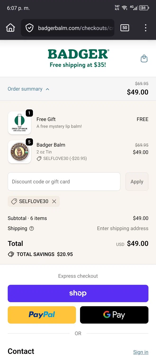 Badger Balm discount code screenshot showing code Selflove30 applied at Badger Balm checkout page. Uploaded by SimplyCodes community member Emil05111429 on Feb 16, 2026