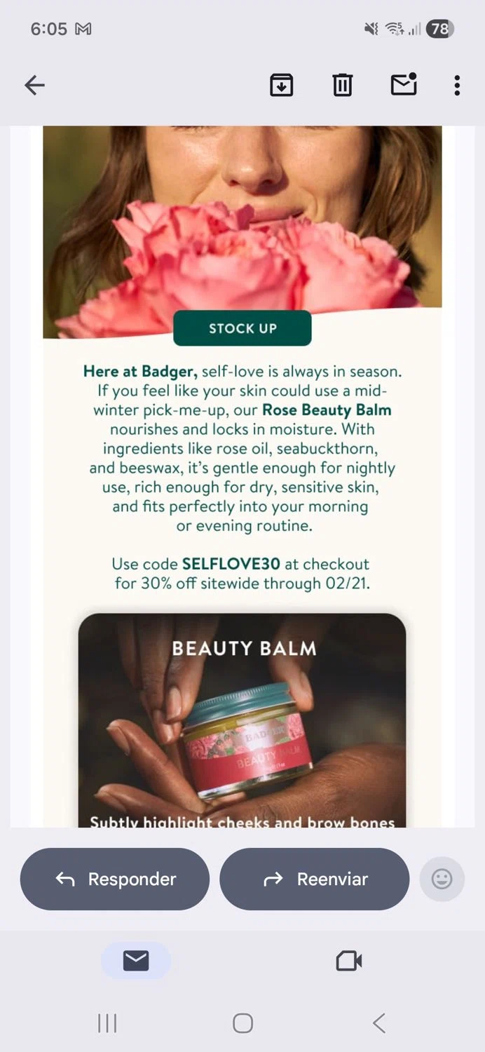 Badger Balm discount code screenshot showing code Selflove30 applied at Badger Balm checkout page. Uploaded by SimplyCodes community member valeriaantonieta on Feb 16, 2026