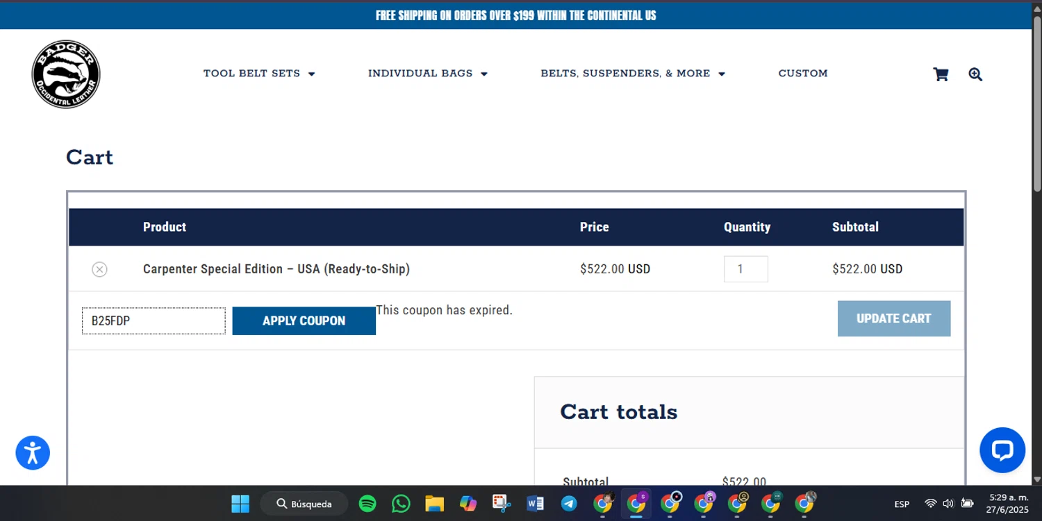 Badger Tool Belts coupon code screenshot showing code B25FDP applied at Badger Tool Belts checkout page. Uploaded by SimplyCodes community member Lamadama on Jun 27, 2025
