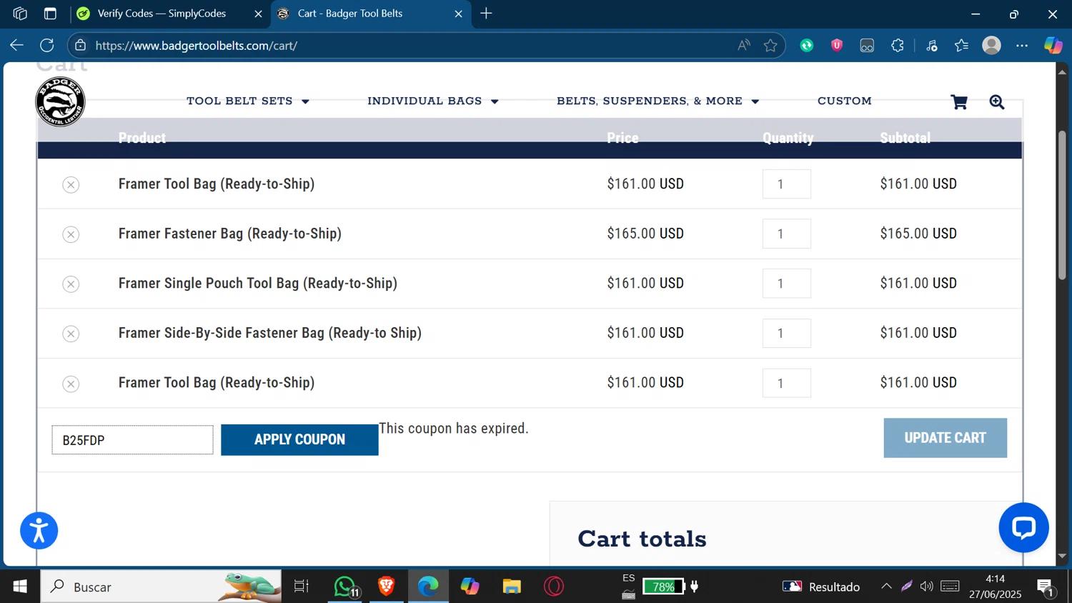 Badger Tool Belts coupon code screenshot showing code B25FDP applied at Badger Tool Belts checkout page. Uploaded by SimplyCodes community member Jeffersontorrealba on Jun 27, 2025