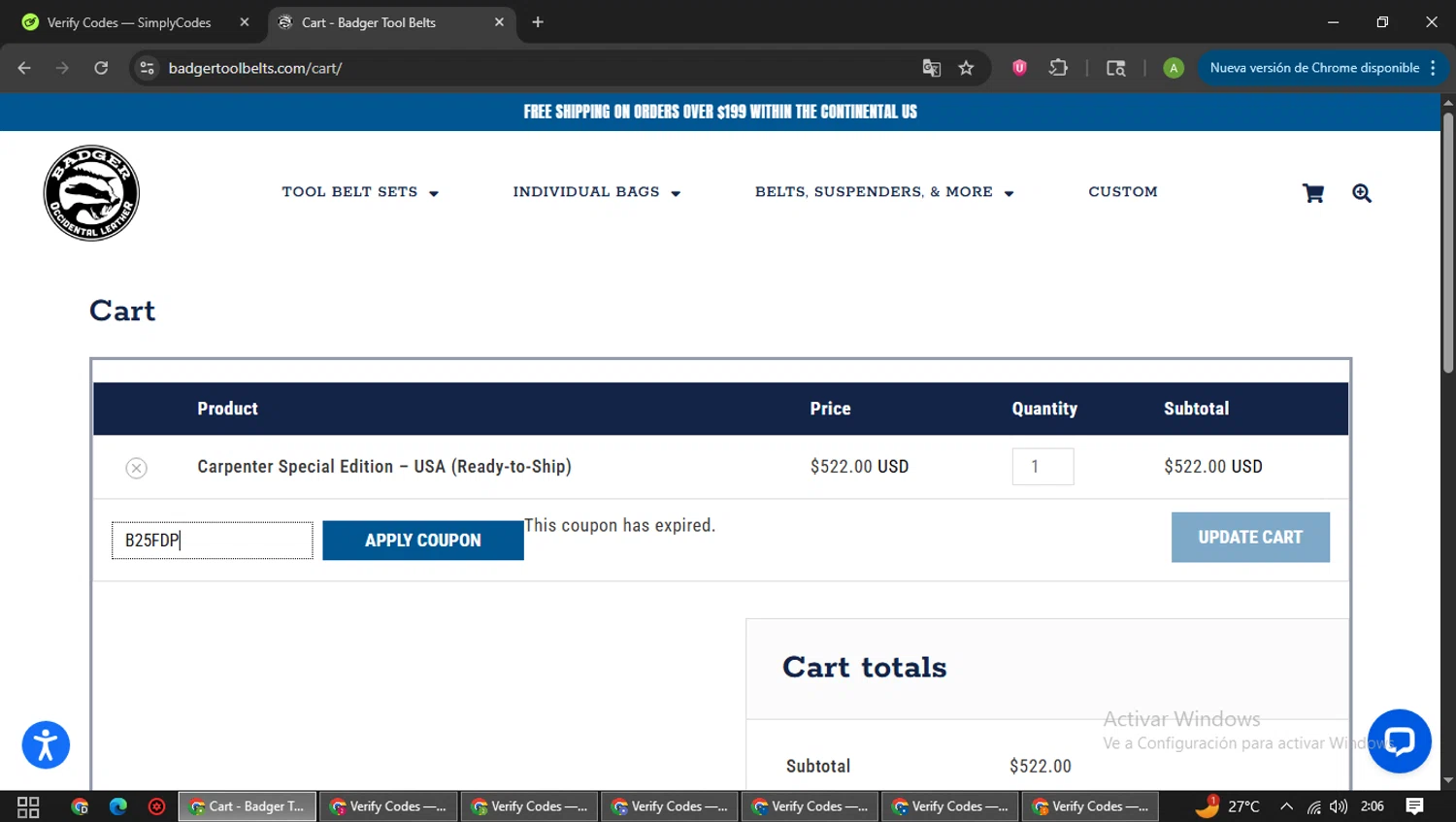 Badger Tool Belts coupon code screenshot showing code B25FDP applied at Badger Tool Belts checkout page. Uploaded by SimplyCodes community member SwiftFox3743 on Jun 27, 2025