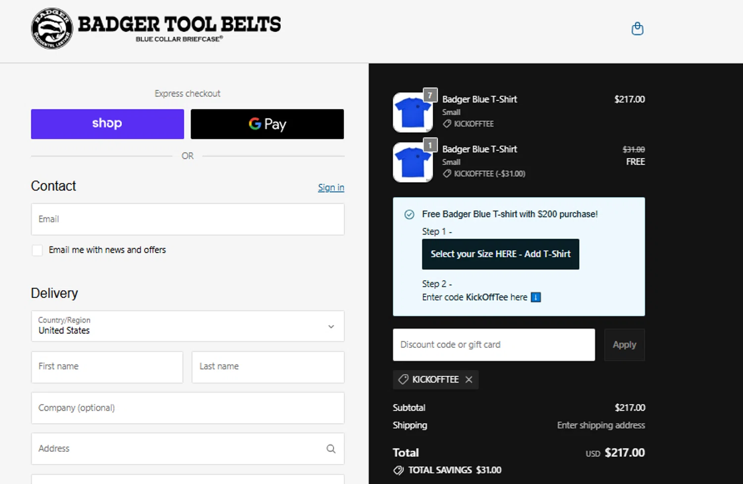 Badger Tool Belts coupon code screenshot showing code KICKOFFTEE applied at Badger Tool Belts checkout page. Uploaded by SimplyCodes community member Jhonny on Dec 2, 2025