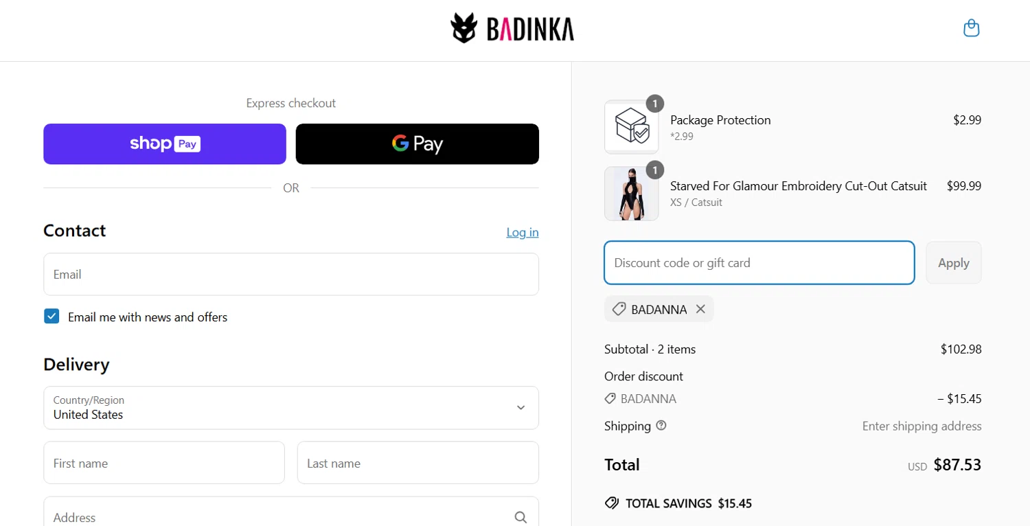 Badinka coupon code screenshot showing code BADANNA applied at Badinka checkout page. Uploaded by SimplyCodes community member Coolemorestt on Apr 18, 2025