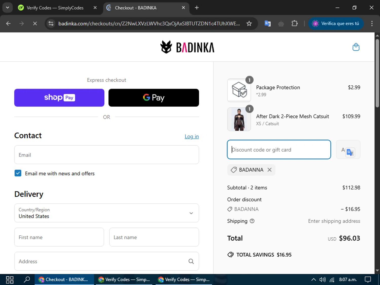 Badinka coupon code screenshot showing code BADANNA applied at Badinka checkout page. Uploaded by SimplyCodes community member my_melody on Mar 20, 2025