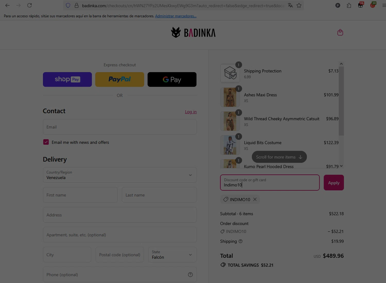 Badinka coupon code screenshot showing code Indimo10 applied at Badinka checkout page. Uploaded by SimplyCodes community member CleverFox1674 on Aug 23, 2025