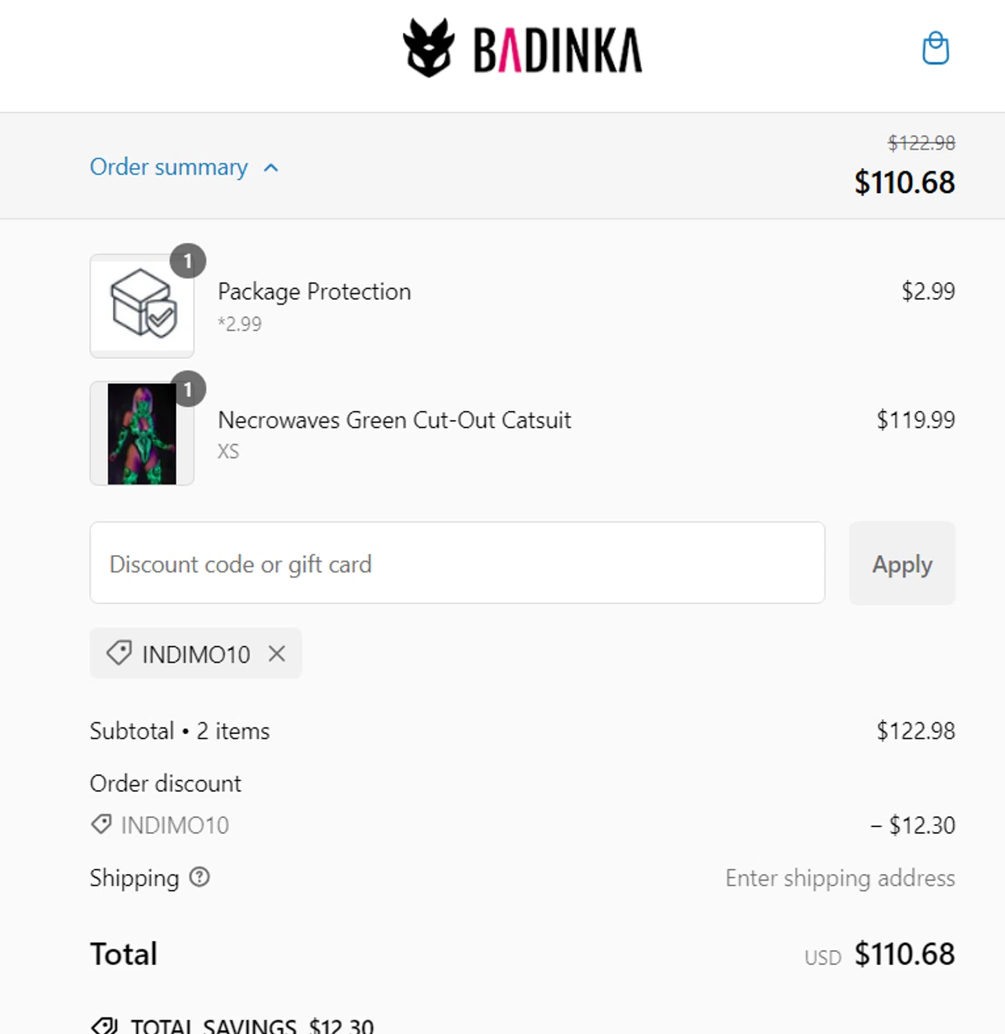 Badinka coupon code screenshot showing code Indimo10 applied at Badinka checkout page. Uploaded by SimplyCodes community member Draken on Jan 16, 2025