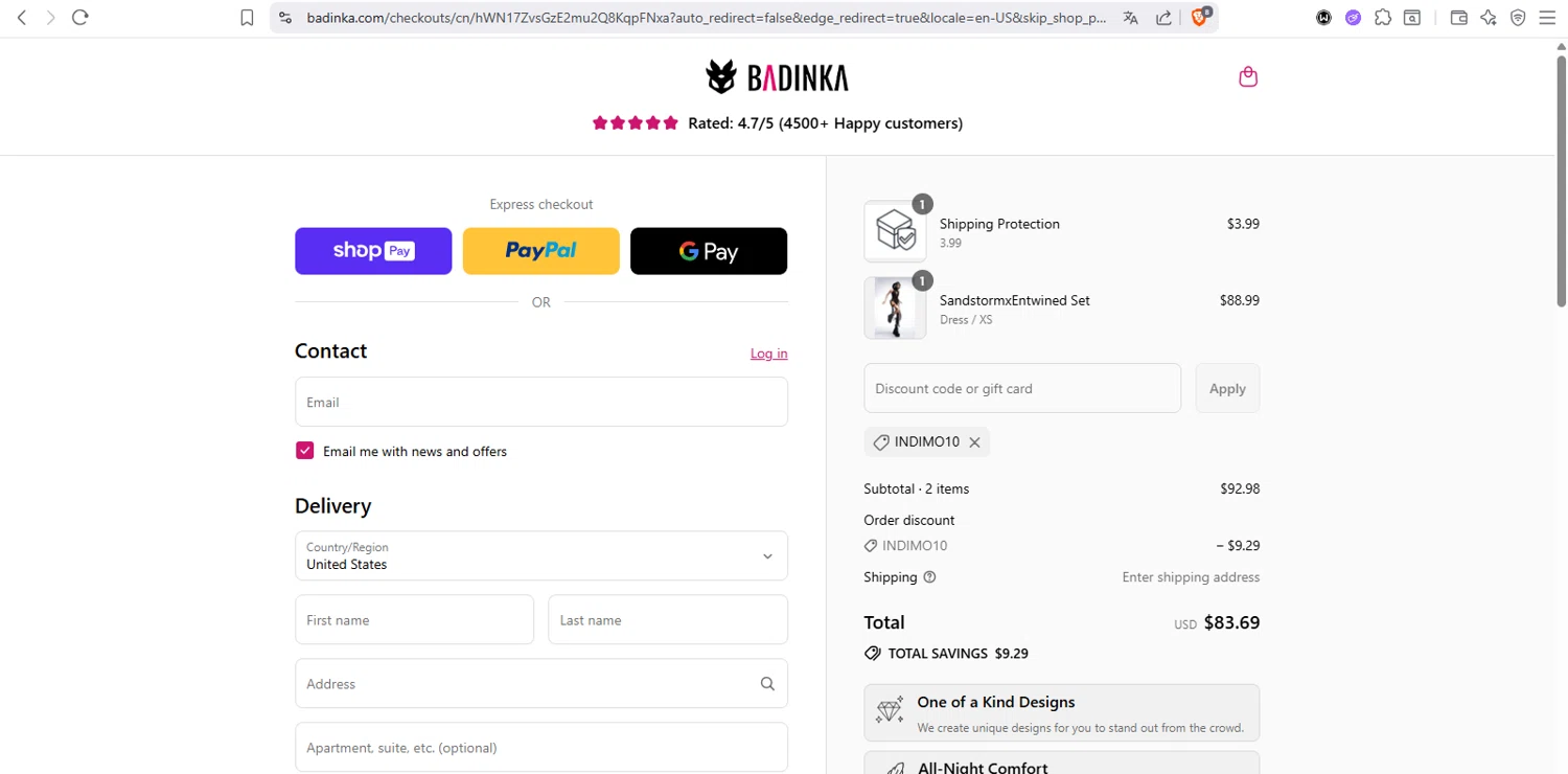 Badinka coupon code screenshot showing code Indimo10 applied at Badinka checkout page. Uploaded by SimplyCodes community member anderquerales on Jul 27, 2025