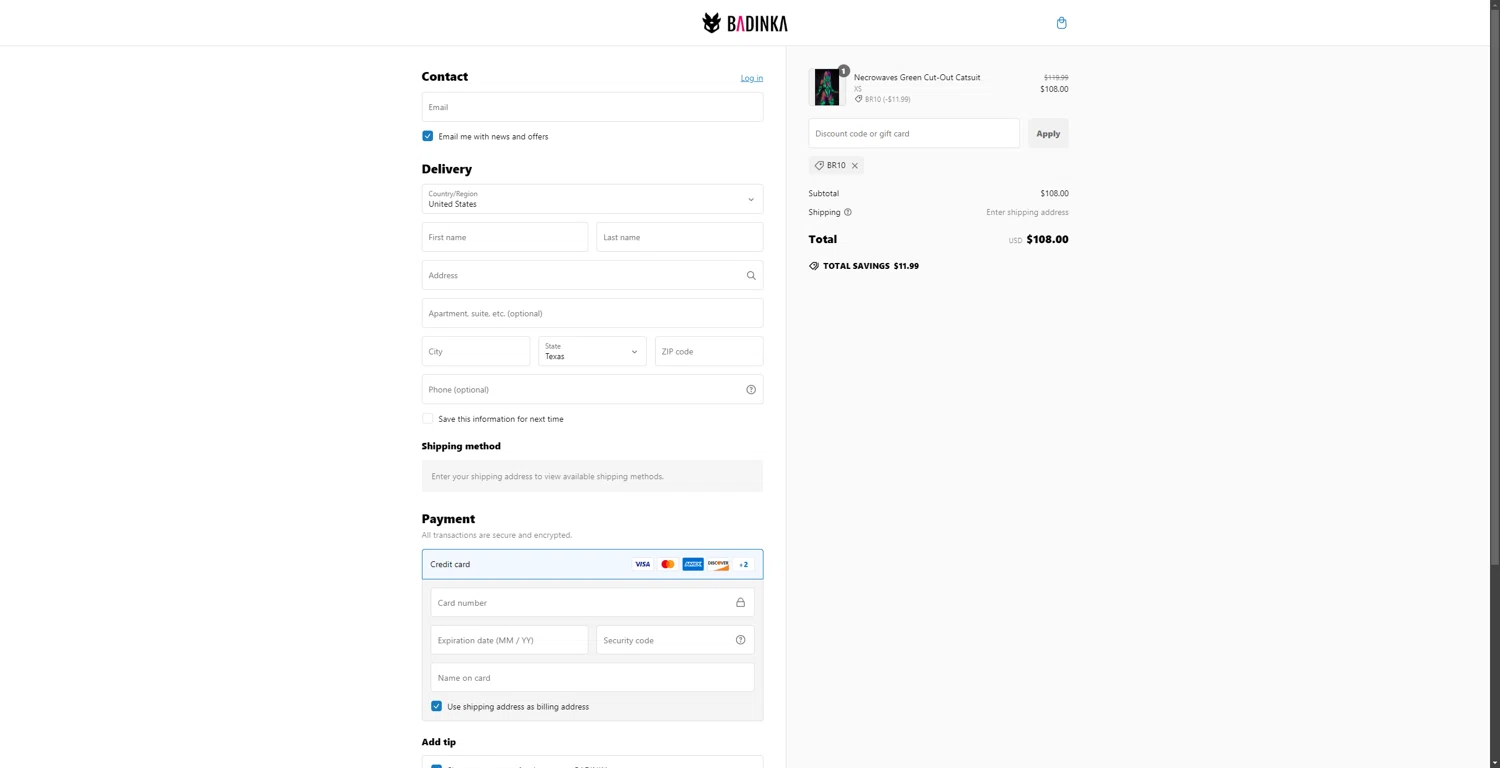 Badinka coupon code screenshot showing code BR10 applied at Badinka checkout page. Uploaded by SimplyCodes community member 1323535 on Jan 16, 2025