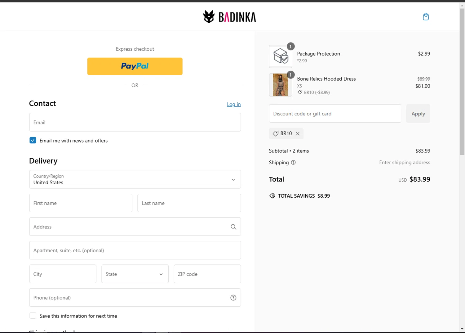 Badinka coupon code screenshot showing code BR10 applied at Badinka checkout page. Uploaded by SimplyCodes community member Parangutirimicuaro on Jan 21, 2025