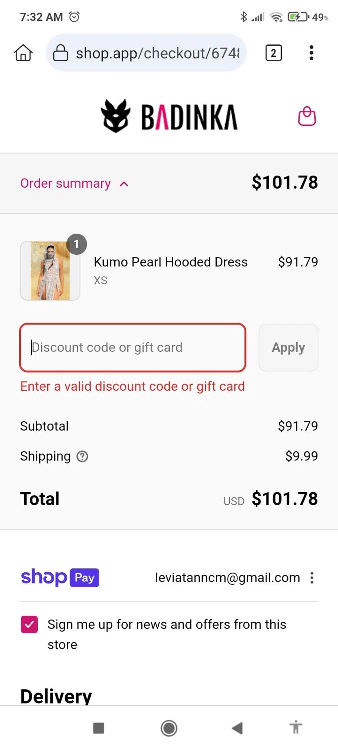 Badinka coupon code screenshot showing code GET20 applied at Badinka checkout page. Uploaded by SimplyCodes community member yuta_okkotsu on Aug 23, 2025