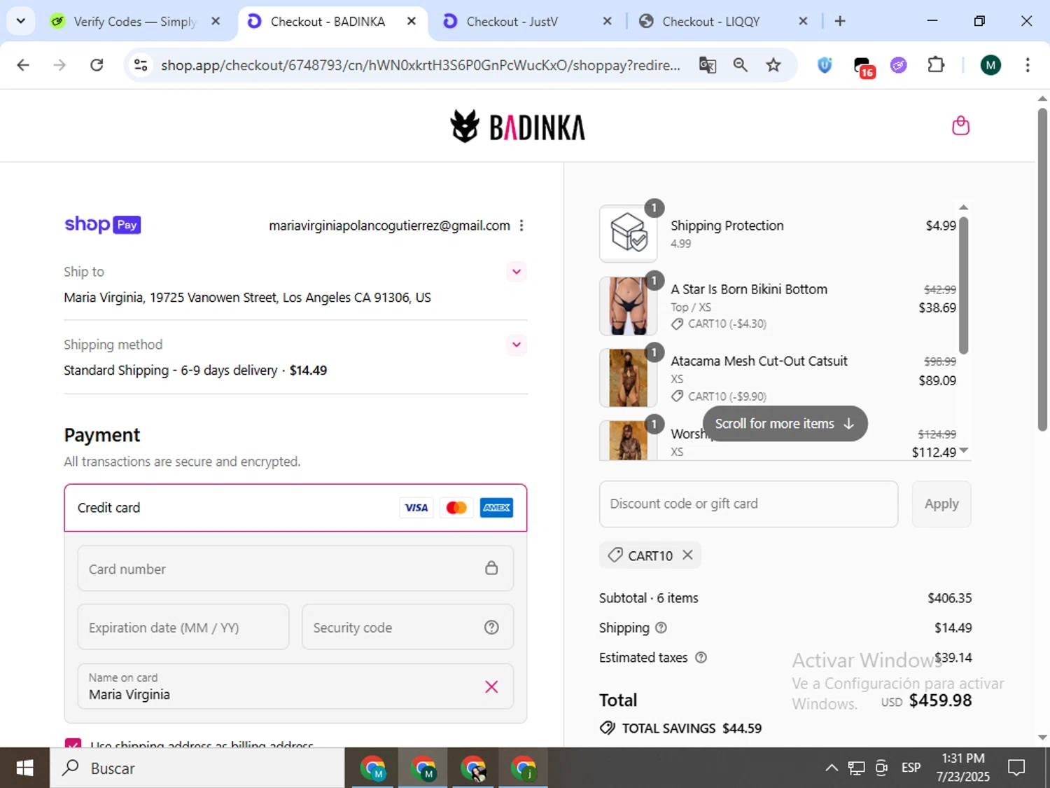 Badinka coupon code screenshot showing code CART10 applied at Badinka checkout page. Uploaded by SimplyCodes community member Jorgeluisvera on Jul 23, 2025