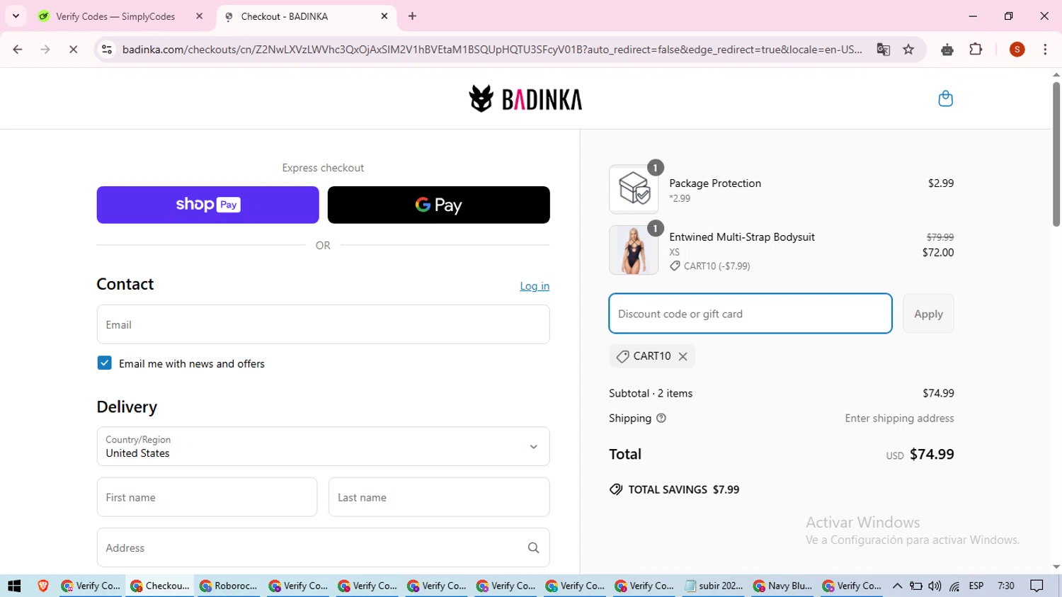 Badinka coupon code screenshot showing code CART10 applied at Badinka checkout page. Uploaded by SimplyCodes community member CleverTiger4265 on Apr 19, 2025