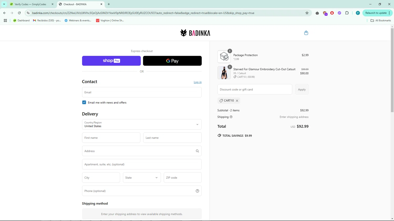 Badinka coupon code screenshot showing code CART10 applied at Badinka checkout page. Uploaded by SimplyCodes community member BargainSage1407 on Apr 19, 2025