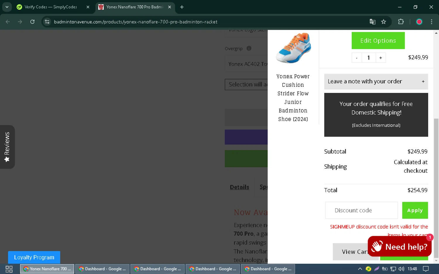 Badminton Avenue discount code screenshot showing code SIGNMEUP applied at Badminton Avenue checkout page. Uploaded by SimplyCodes community member Joseph_Davis on Jan 5, 2025