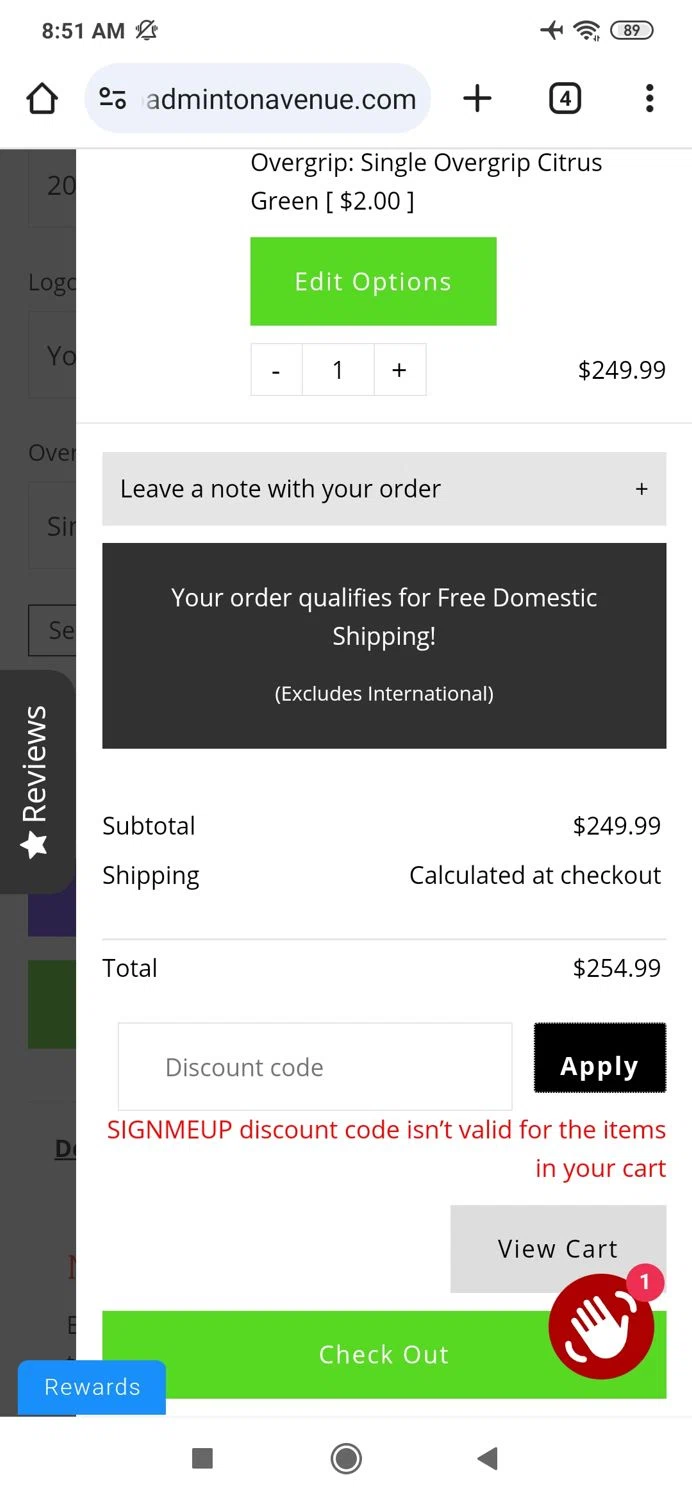 Badminton Avenue discount code screenshot showing code SIGNMEUP applied at Badminton Avenue checkout page. Uploaded by SimplyCodes community member MightyBoss9975 on Jan 5, 2025