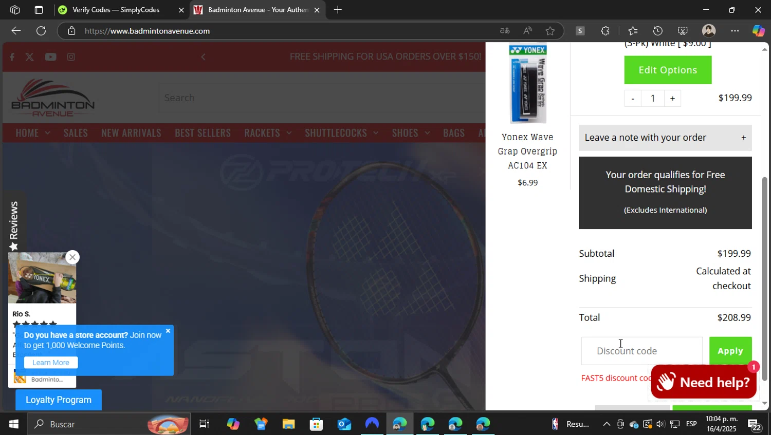 Badminton Avenue discount code screenshot showing code FAST5 applied at Badminton Avenue checkout page. Uploaded by SimplyCodes community member WonderKnight7884 on Apr 17, 2025