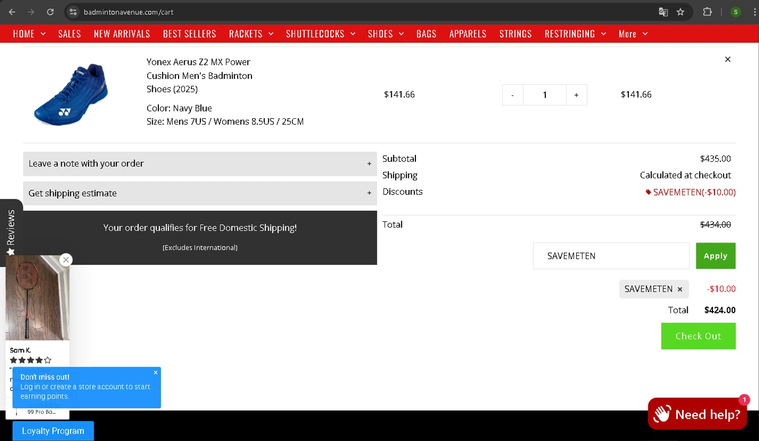Badminton Avenue discount code screenshot showing code SAVEMETEN applied at Badminton Avenue checkout page. Uploaded by SimplyCodes community member CodeTiger886 on Jun 5, 2025