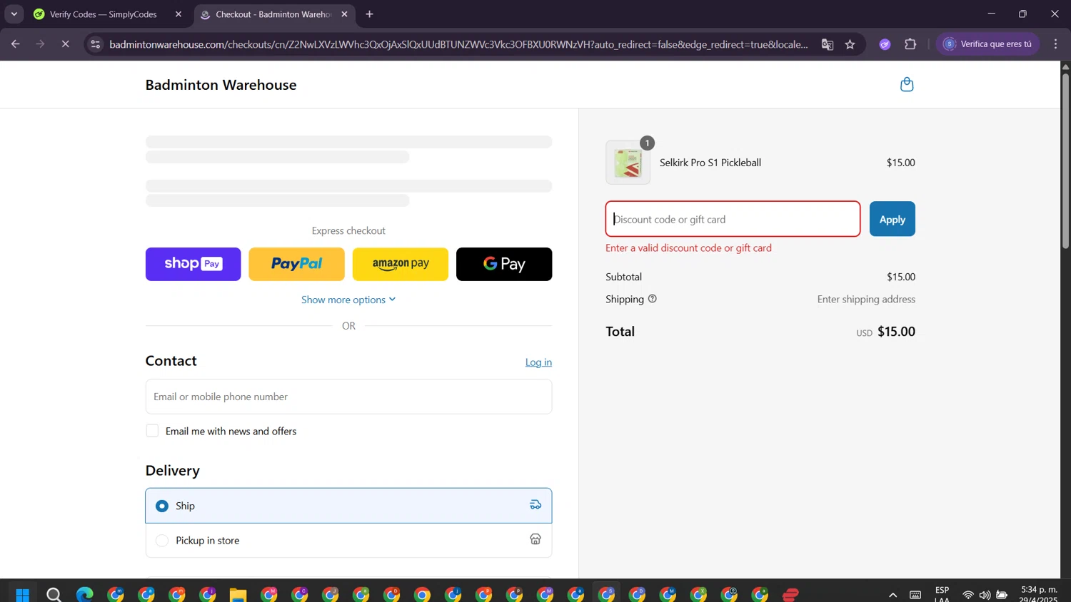 Badminton Warehouse discount code screenshot showing code SPRING25 applied at Badminton Warehouse checkout page. Uploaded by SimplyCodes community member ExtraordinaryWhiz4519 on Apr 29, 2025