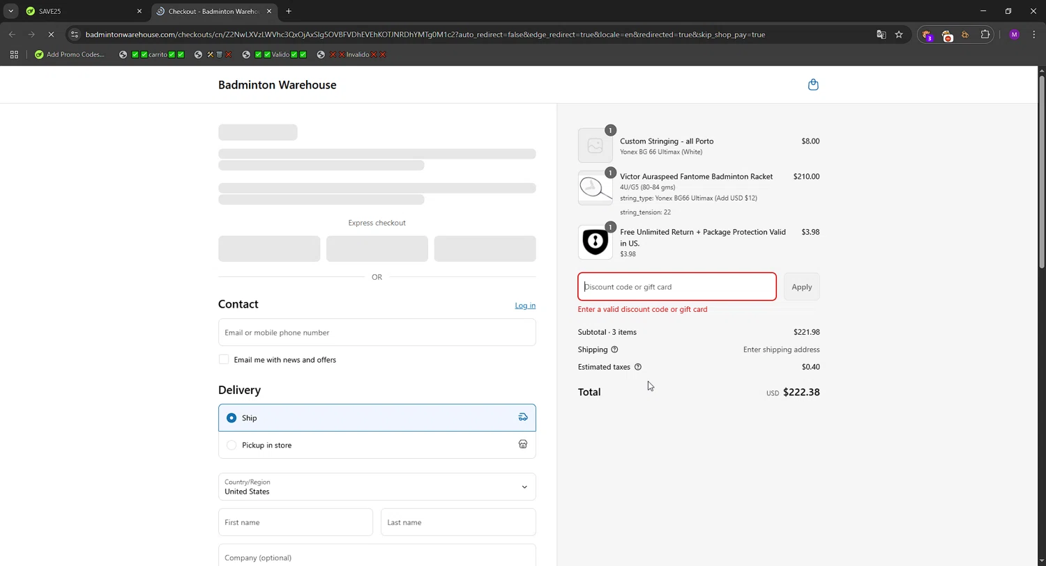 Badminton Warehouse discount code screenshot showing code SAVE25 applied at Badminton Warehouse checkout page. Uploaded by SimplyCodes community member MACKter54644 on Jun 9, 2025