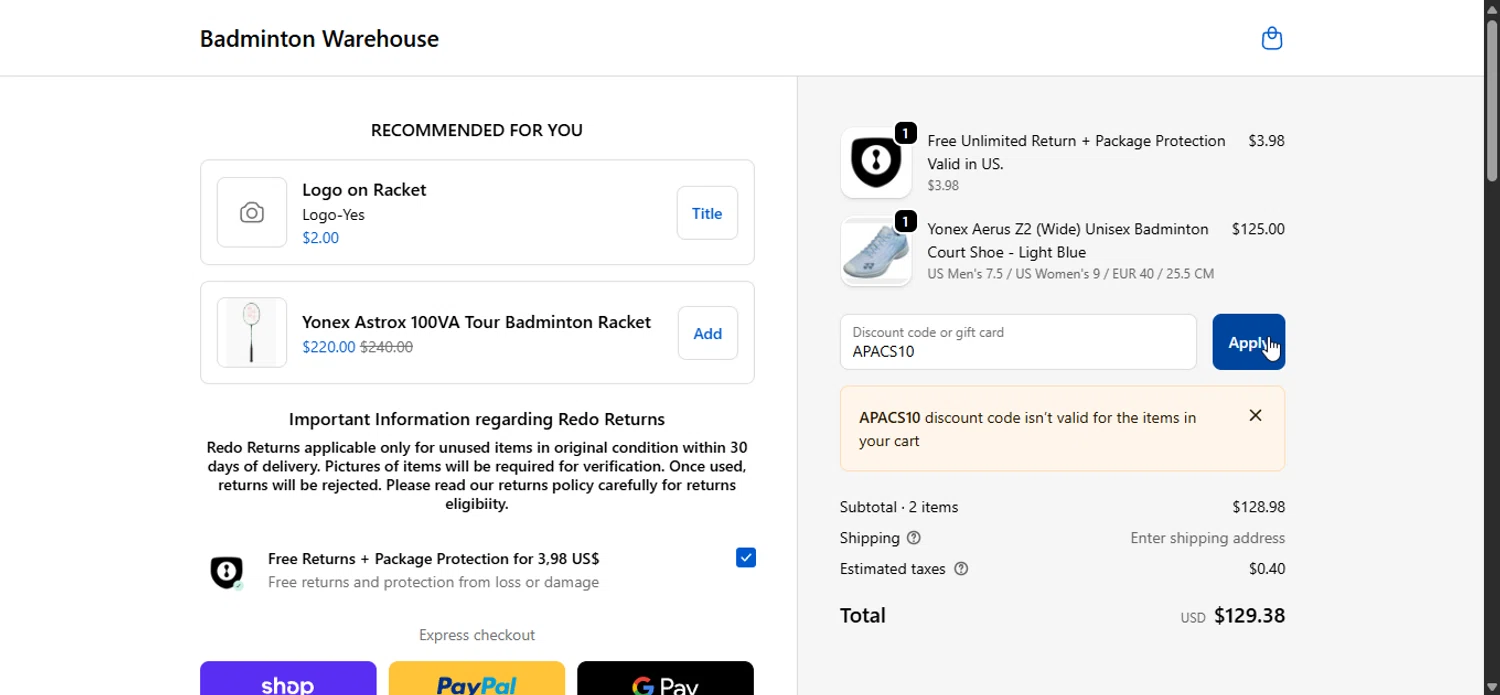Badminton Warehouse discount code screenshot showing code APACS10 applied at Badminton Warehouse checkout page. Uploaded by SimplyCodes community member Prospecto on Oct 6, 2025