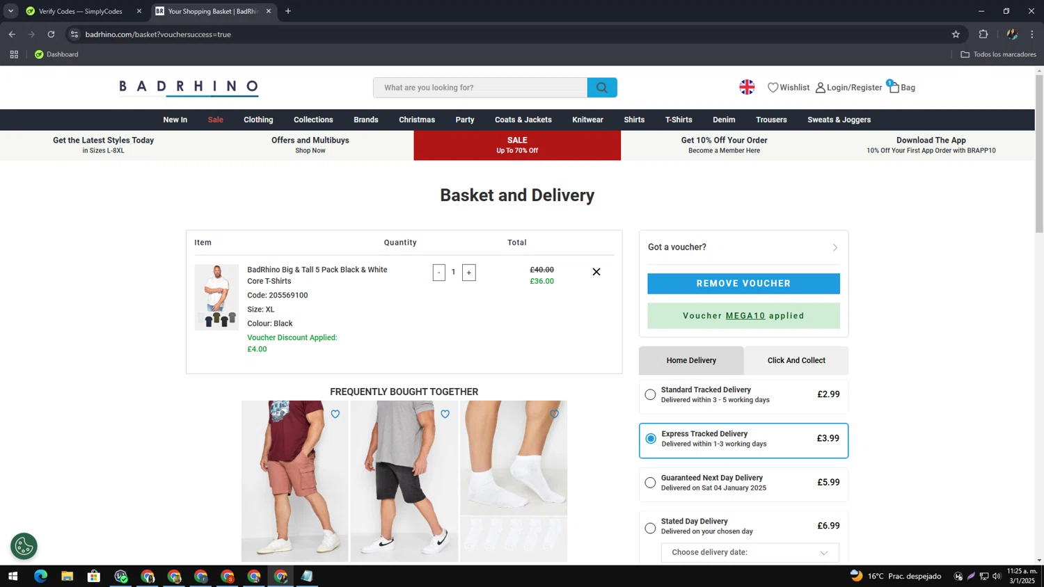 BadRhino discount code screenshot showing code Mega10 applied at BadRhino checkout page. Uploaded by SimplyCodes community member CleverTracker4432 on Jan 3, 2025
