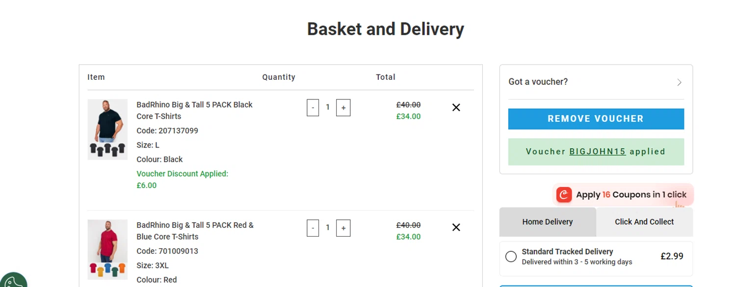 BadRhino discount code screenshot showing code BIGJOHN15 applied at BadRhino checkout page. Uploaded by SimplyCodes community member George09 on Mar 15, 2025