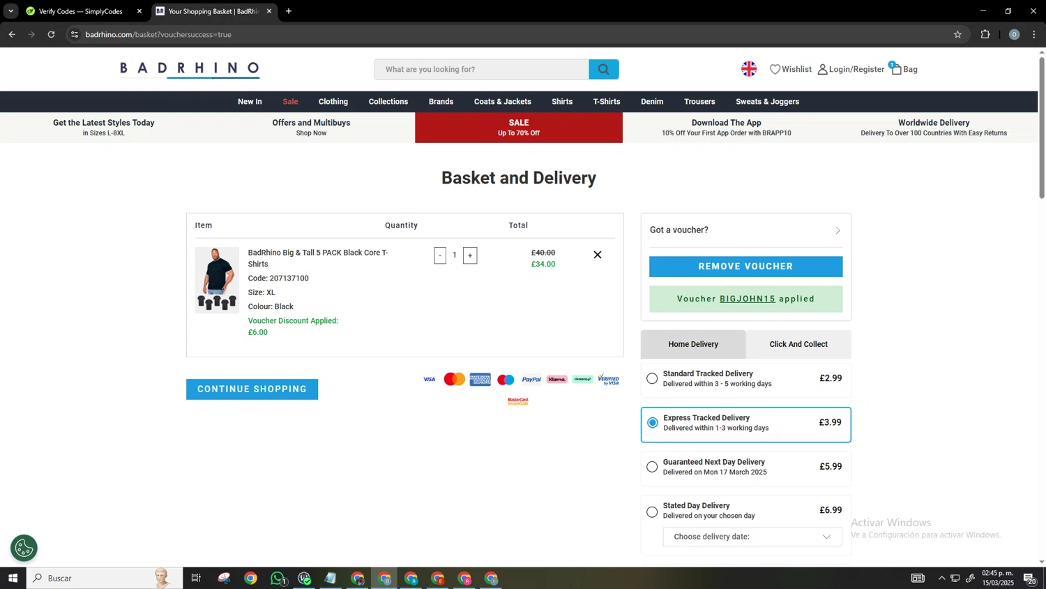 BadRhino discount code screenshot showing code BIGJOHN15 applied at BadRhino checkout page. Uploaded by SimplyCodes community member Neonvalo on Mar 15, 2025