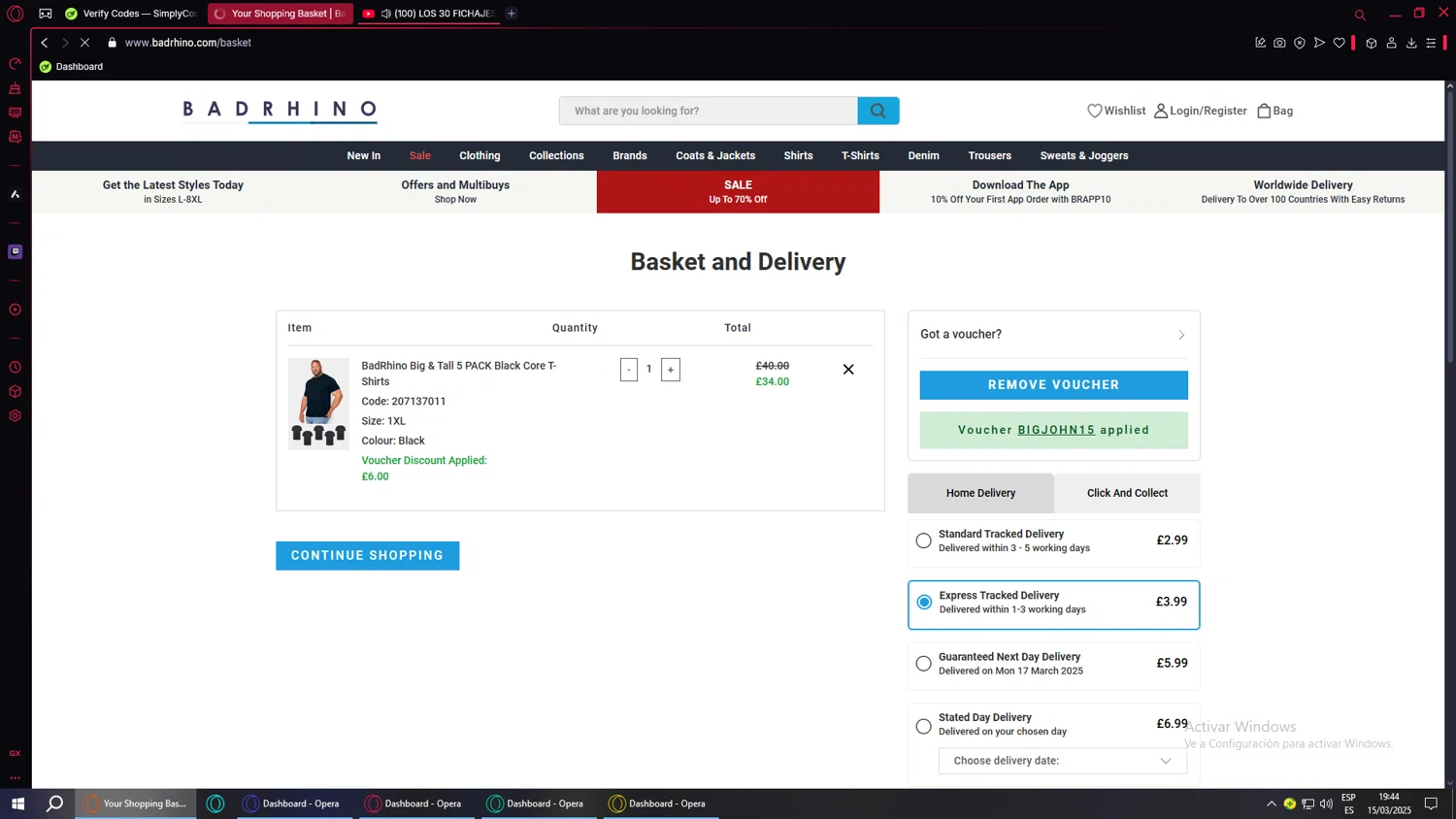 BadRhino discount code screenshot showing code BIGJOHN15 applied at BadRhino checkout page. Uploaded by SimplyCodes community member MoneyMonarch9272 on Mar 15, 2025