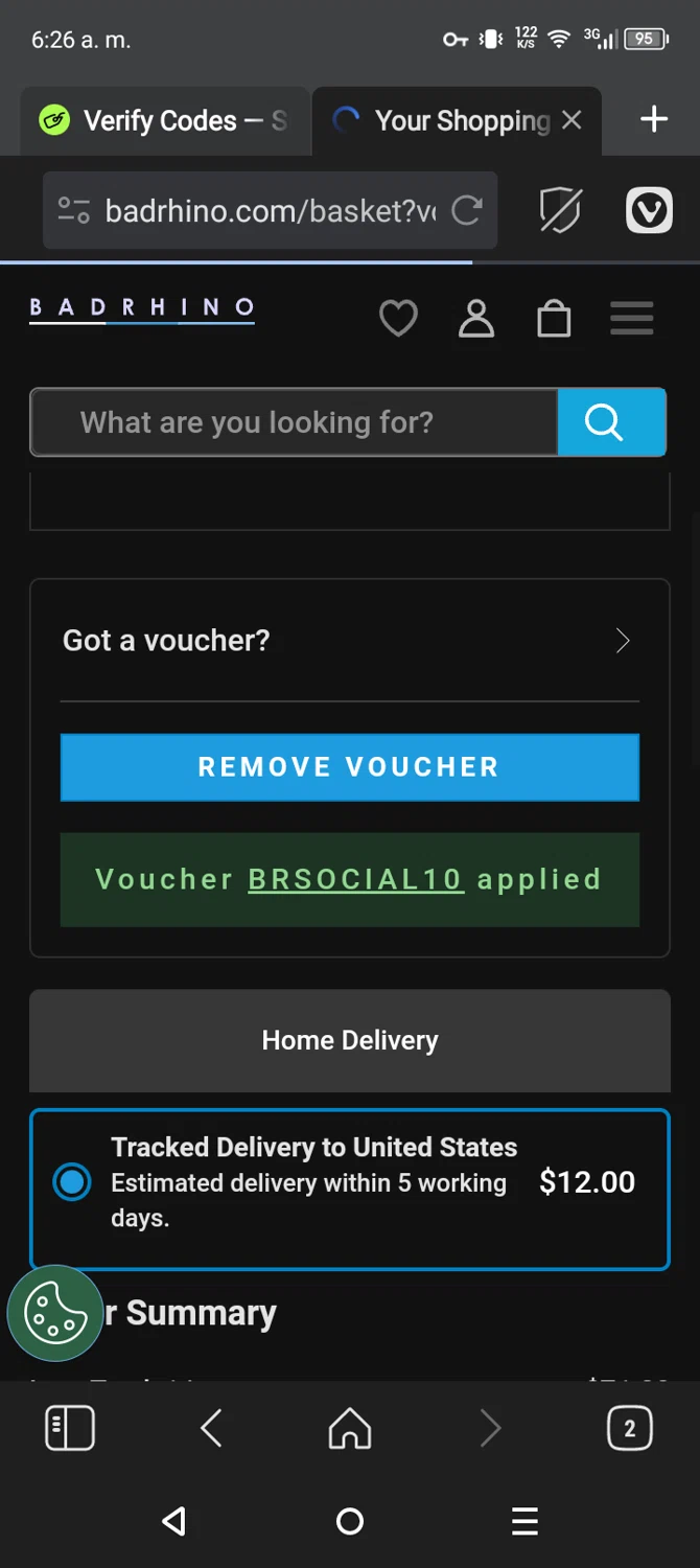 BadRhino discount code screenshot showing code BRSOCIAL10 applied at BadRhino checkout page. Uploaded by SimplyCodes community member CarmenVGR on Feb 27, 2025
