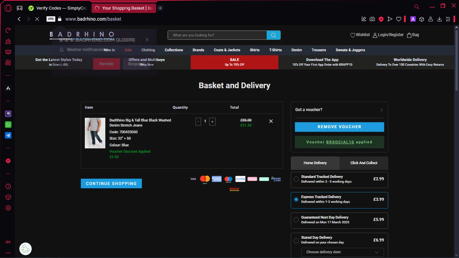 BadRhino discount code screenshot showing code BRSOCIAL10 applied at BadRhino checkout page. Uploaded by SimplyCodes community member McLovin on Mar 15, 2025