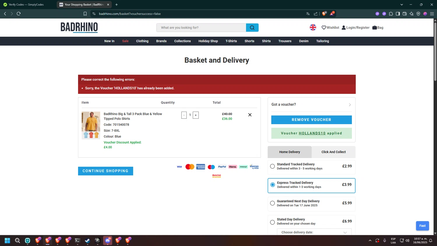 BadRhino discount code screenshot showing code HOLLANDS10 applied at BadRhino checkout page. Uploaded by SimplyCodes community member Meandomeando on Jun 16, 2025