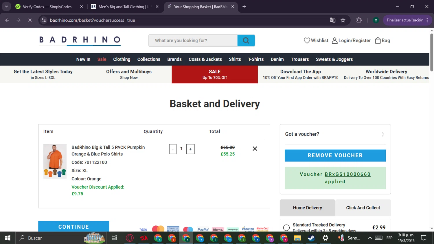 BadRhino discount code screenshot showing code BRxGS10000660 applied at BadRhino checkout page. Uploaded by SimplyCodes community member CouponBoss6932 on Mar 15, 2025