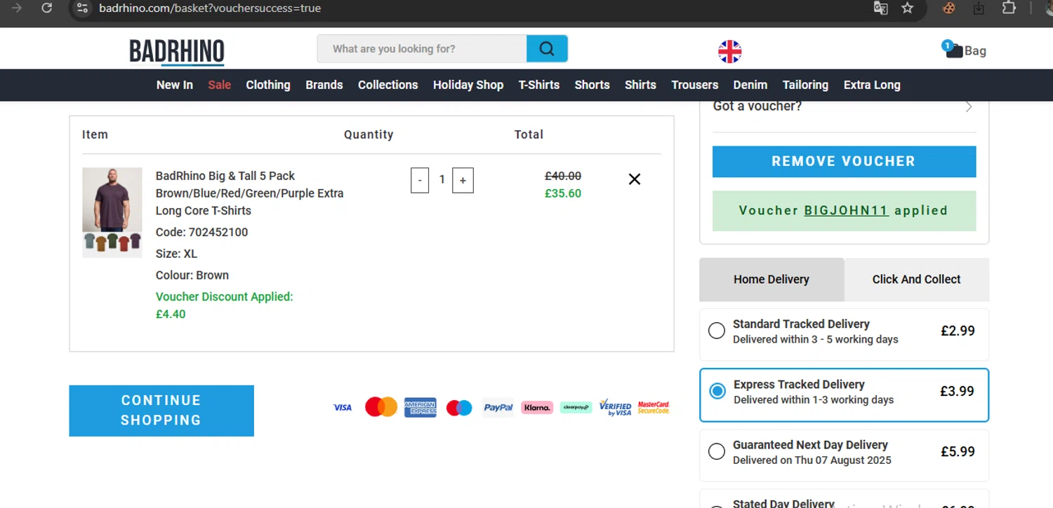 BadRhino discount code screenshot showing code BIGJOHN11 applied at BadRhino checkout page. Uploaded by SimplyCodes community member javierprez on Aug 6, 2025