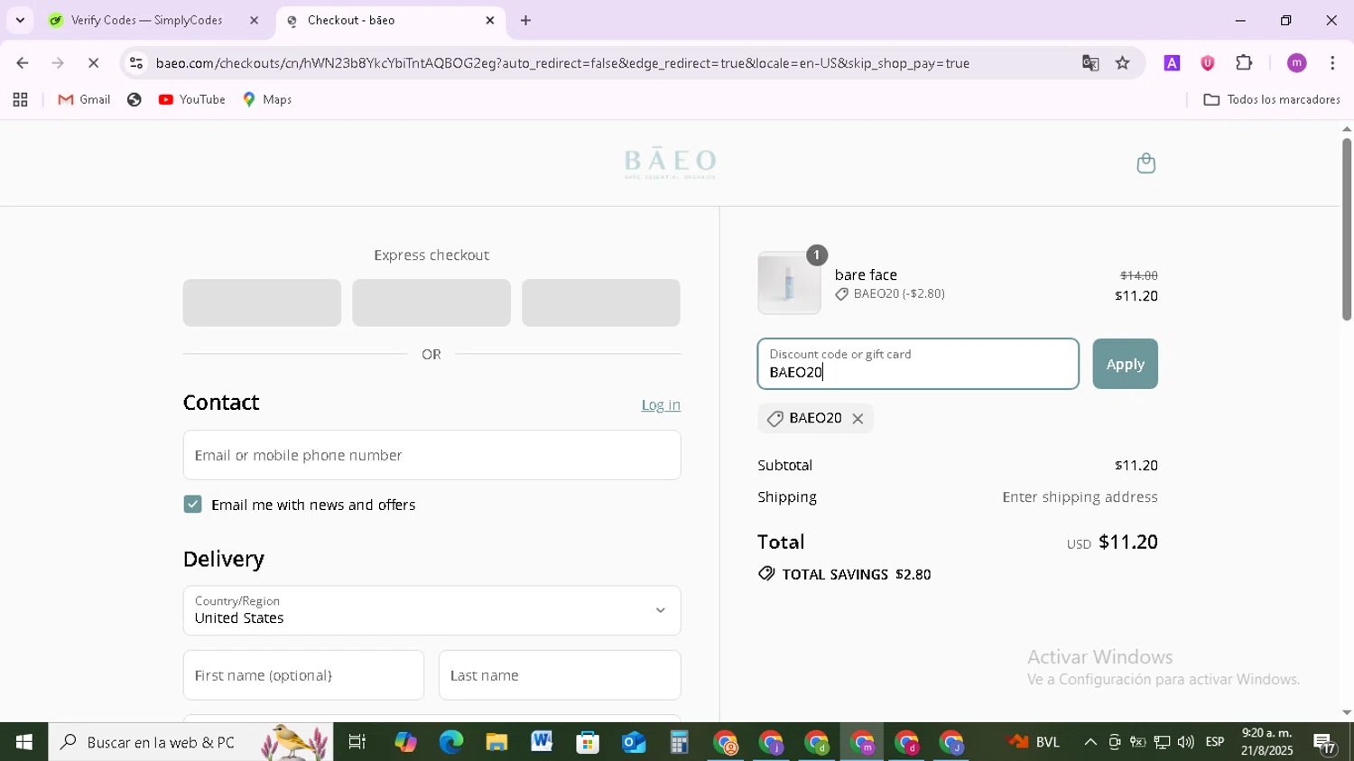 BAEO discount code screenshot showing code BAEO20 applied at BAEO checkout page. Uploaded by SimplyCodes community member BudgetMonarch8952 on Aug 21, 2025