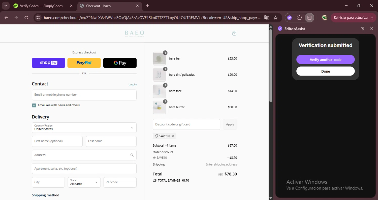 BAEO discount code screenshot showing code SAVE10 applied at BAEO checkout page. Uploaded by SimplyCodes community member RewardDefender7173 on Jul 13, 2025