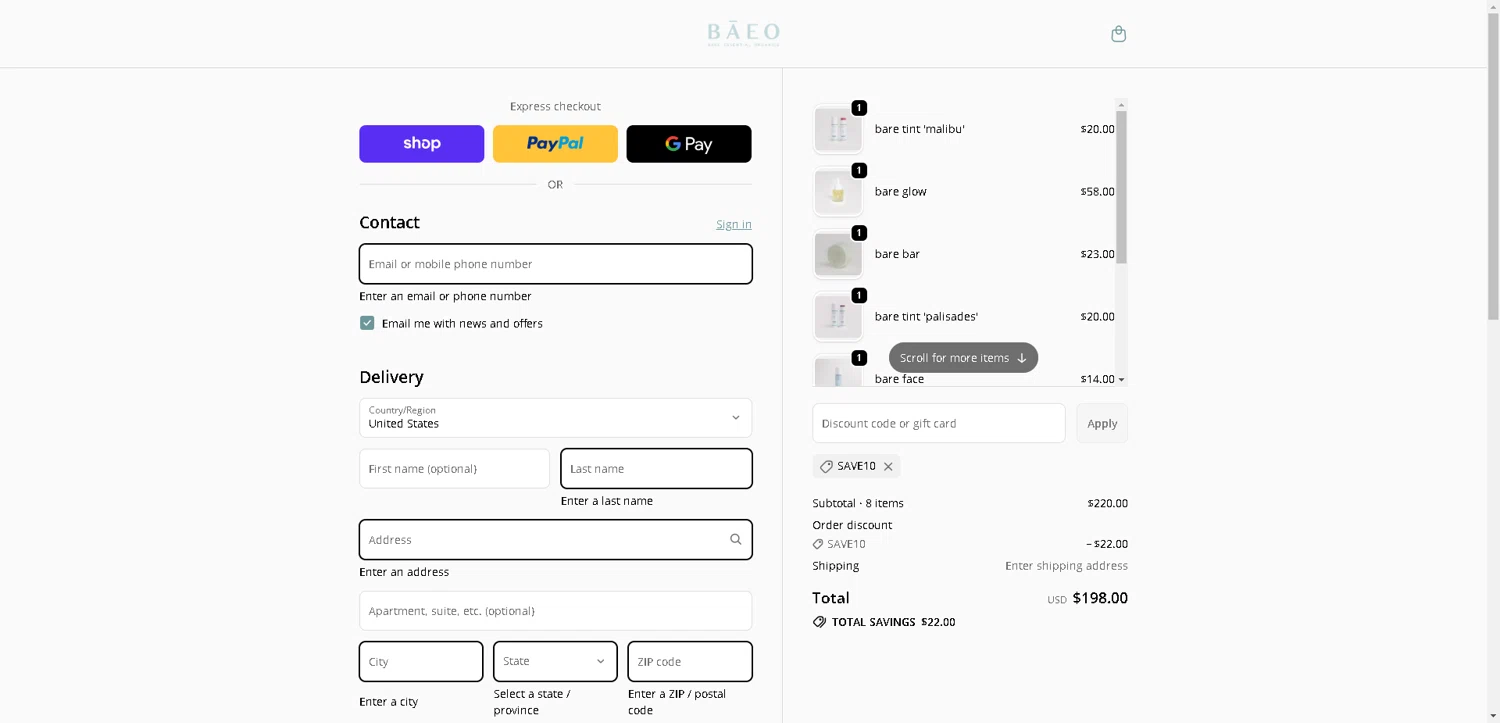 BAEO discount code screenshot showing code SAVE10 applied at BAEO checkout page. Uploaded by SimplyCodes community member VoucherHero1009 on Nov 18, 2025
