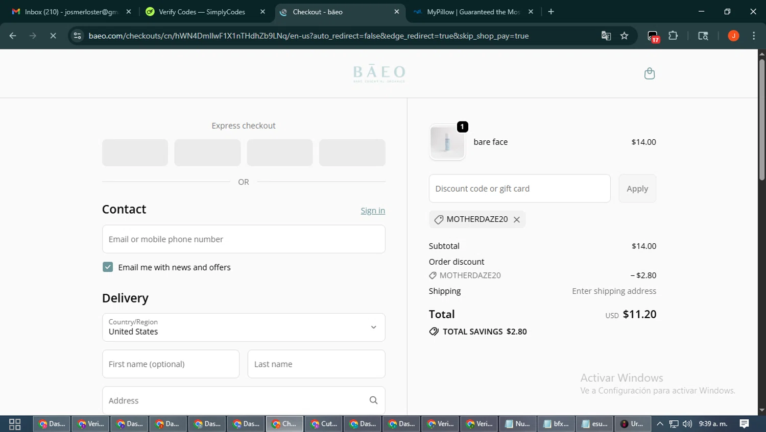 BAEO discount code screenshot showing code motherdaze20 applied at BAEO checkout page. Uploaded by SimplyCodes community member NobleAce2304 on Oct 17, 2025
