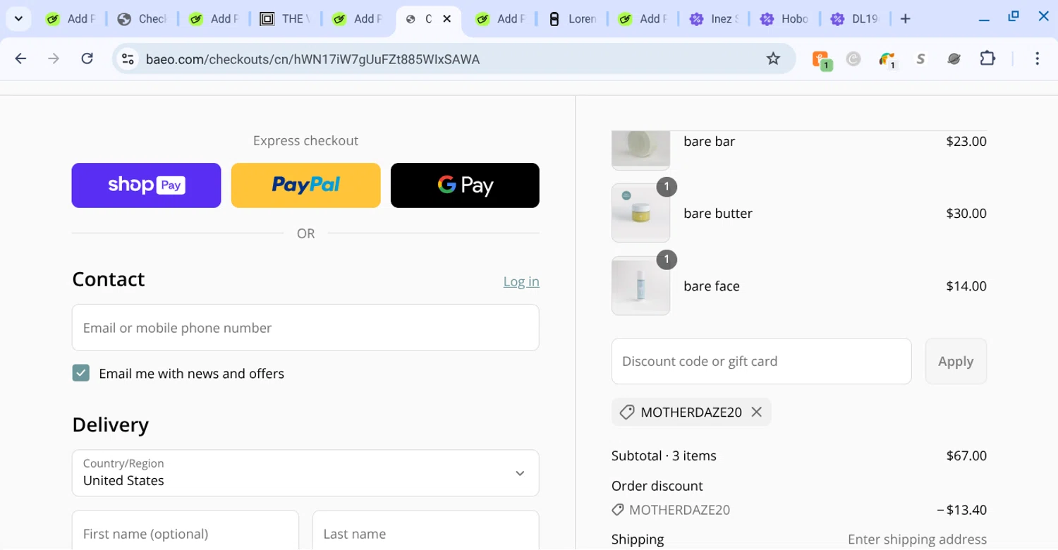BAEO discount code screenshot showing code motherdaze20 applied at BAEO checkout page. Uploaded by SimplyCodes community member KarinaHZ on Jul 27, 2025