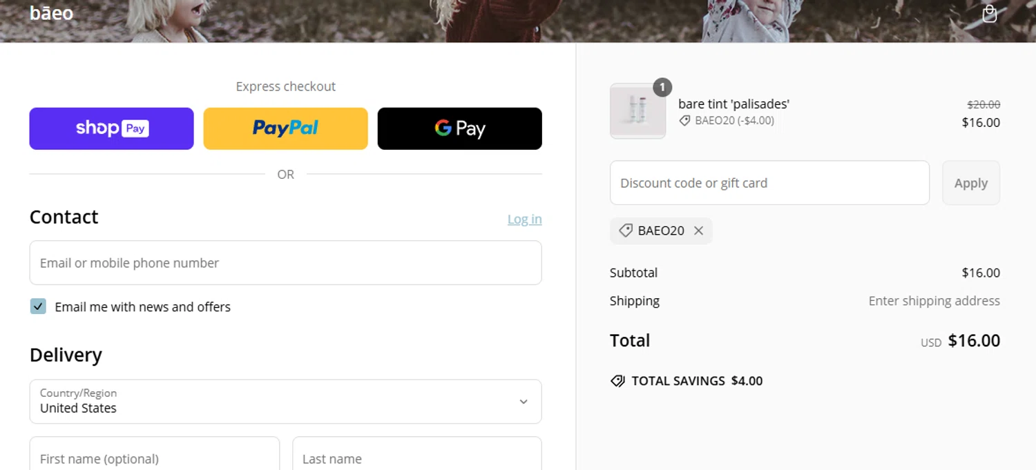 BAEO discount code screenshot showing code BAEO20 applied at BAEO checkout page. Uploaded by SimplyCodes community member aumentadax10 on Mar 12, 2025