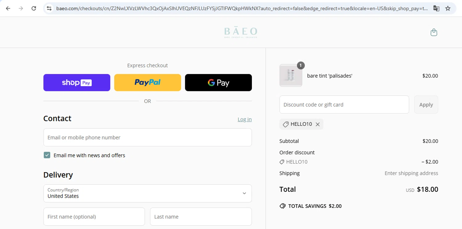 BAEO discount code screenshot showing code hello10 applied at BAEO checkout page. Uploaded by SimplyCodes community member carol_lameda on Jun 15, 2025