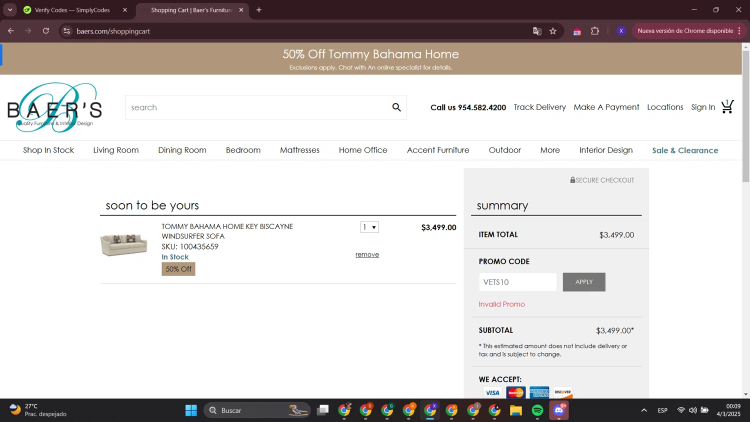 Baer's promo code screenshot showing code VETS10 applied at Baer's checkout page. Uploaded by SimplyCodes community member LewisHamilton on Mar 4, 2025
