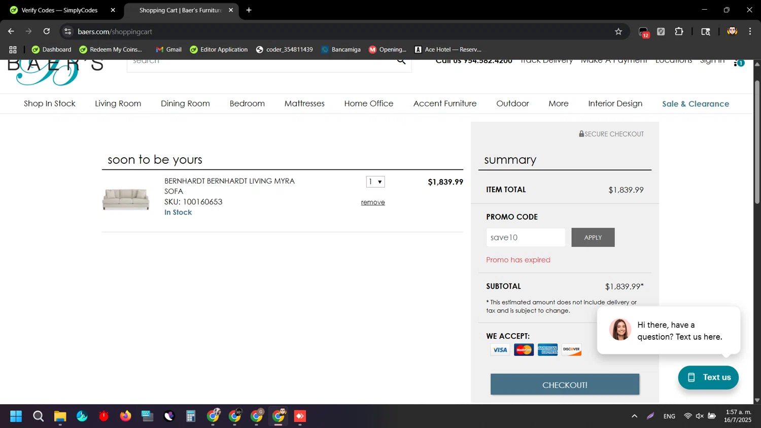 Baer's promo code screenshot showing code save10 applied at Baer's checkout page. Uploaded by SimplyCodes community member ArizaJuan on Jul 16, 2025