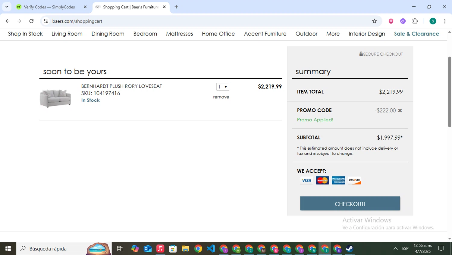 Baer's checkout page showing Baer's promo code box | Screenshot taken by SimplyCodes community member on Jul 4, 2025