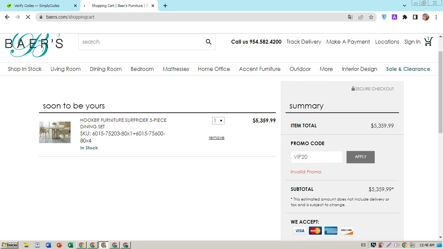 Baer's promo code screenshot showing code VIP20 applied at Baer's checkout page. Uploaded by SimplyCodes community member hectorpetit1 on Apr 19, 2025