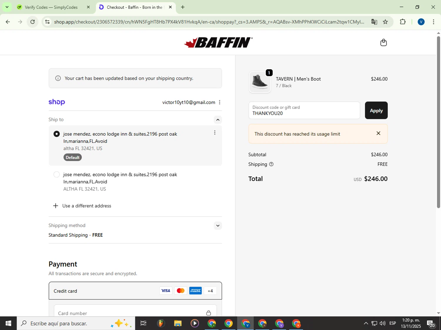 Baffin discount code screenshot showing code THANKYOU20 applied at Baffin checkout page. Uploaded by SimplyCodes community member Garou_Y2K on Nov 13, 2025